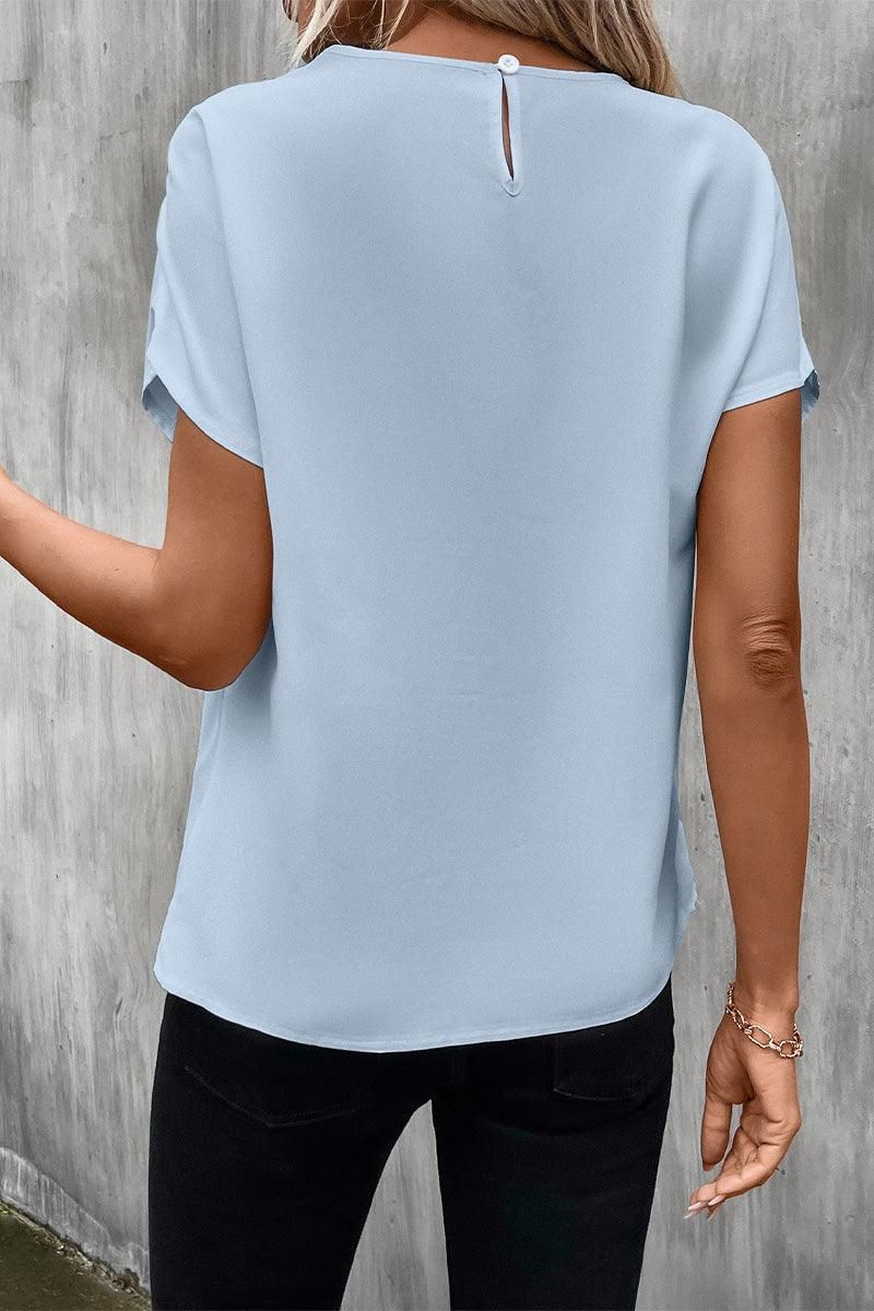 MESH LACE CHEST POINT GLOSSY SHORT BLOUSE - Doublju