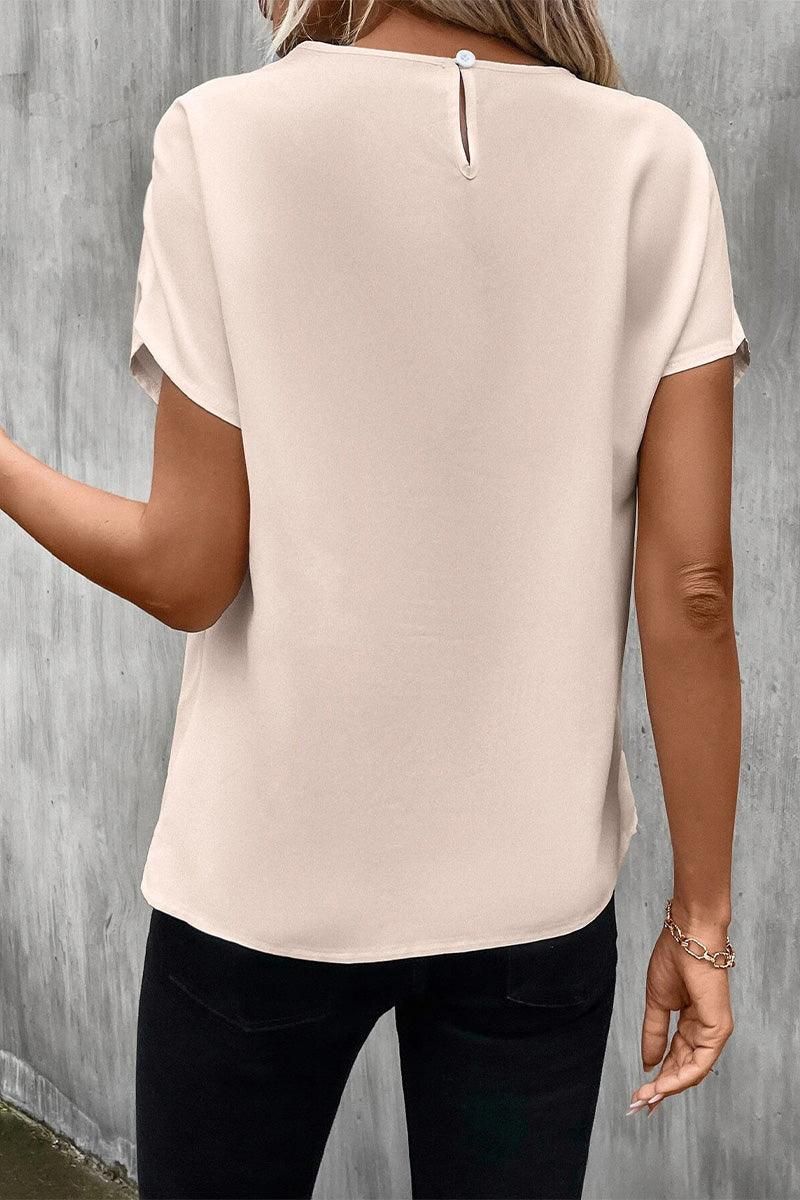 MESH LACE CHEST POINT GLOSSY SHORT BLOUSE - Doublju