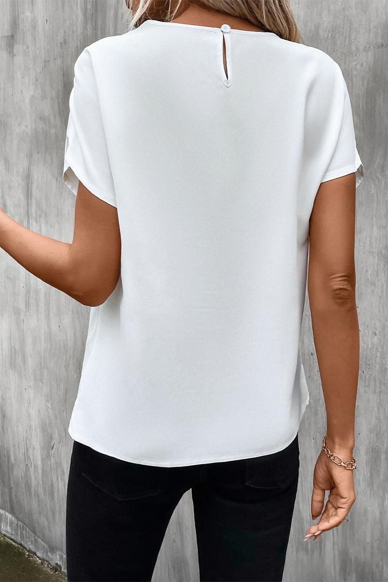 MESH LACE CHEST POINT GLOSSY SHORT BLOUSE - Doublju