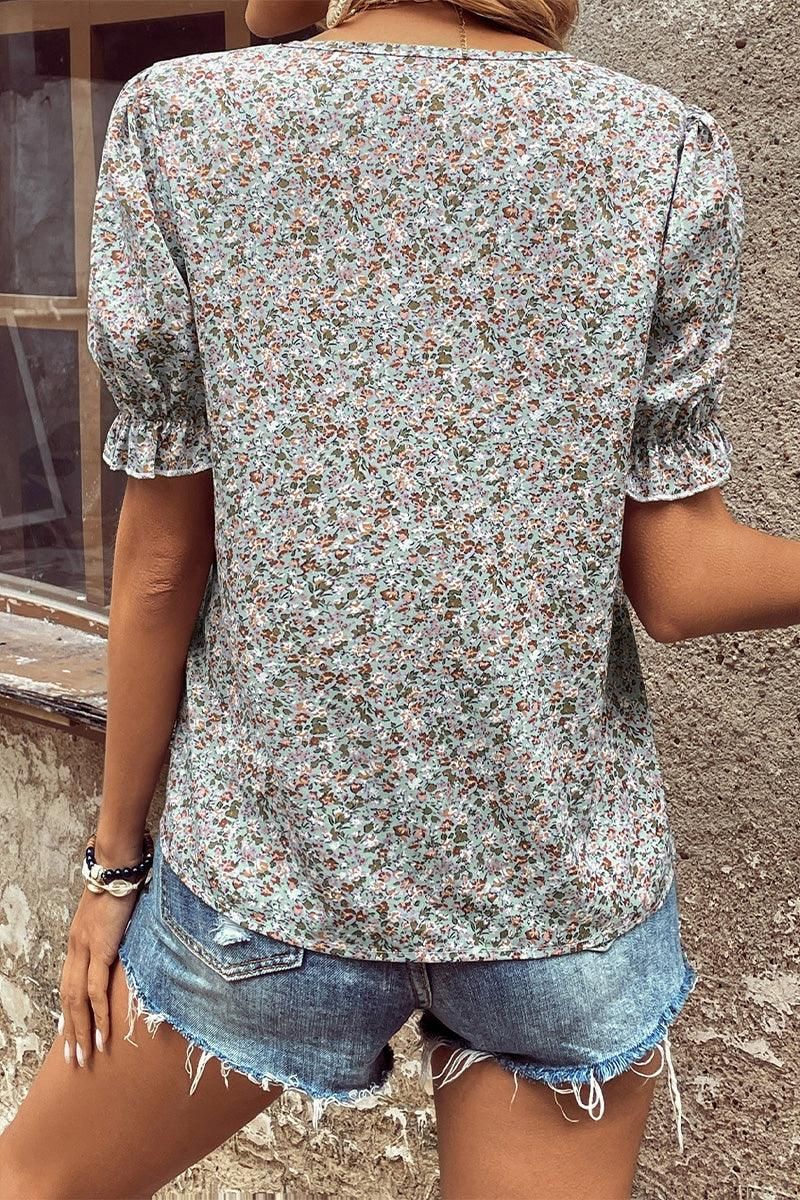 FLORAL FRILL PUFF SLEEVE V NECK BLOUSE - Doublju