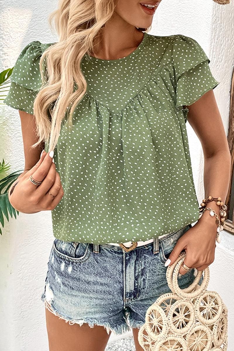 RUFFLED SHORT SLEEVE POLKA DOT TUNIC BLOUSE - Doublju