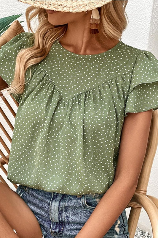 RUFFLED SHORT SLEEVE POLKA DOT TUNIC BLOUSE - Doublju