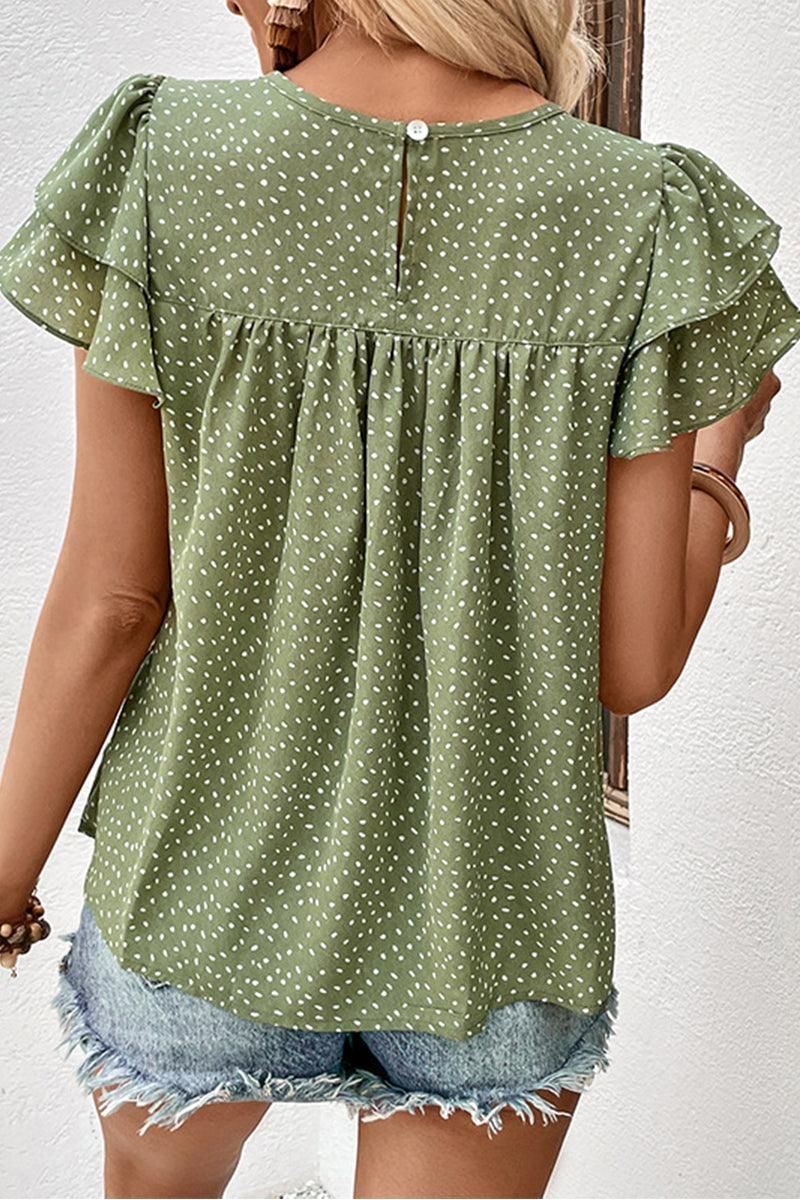 RUFFLED SHORT SLEEVE POLKA DOT TUNIC BLOUSE - Doublju
