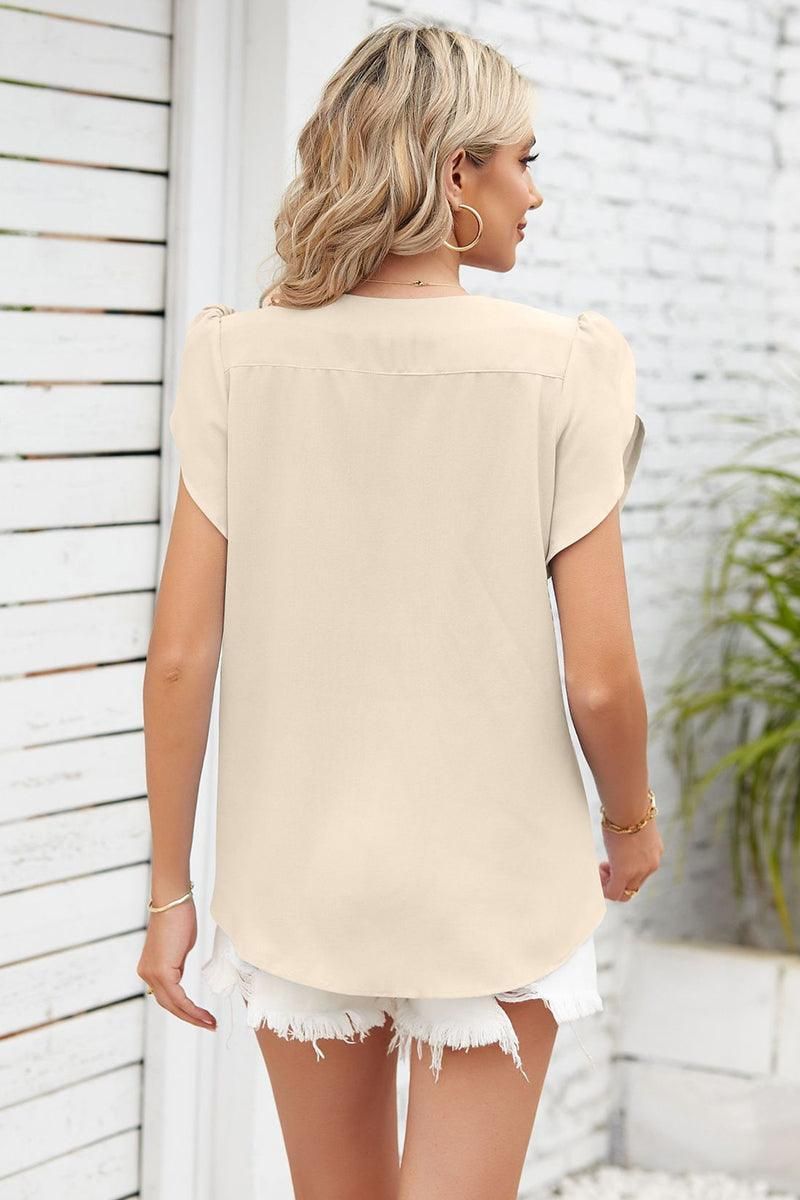 SHORT PETAL SLEEVE WOMEN BASIC BLOUSE - Doublju