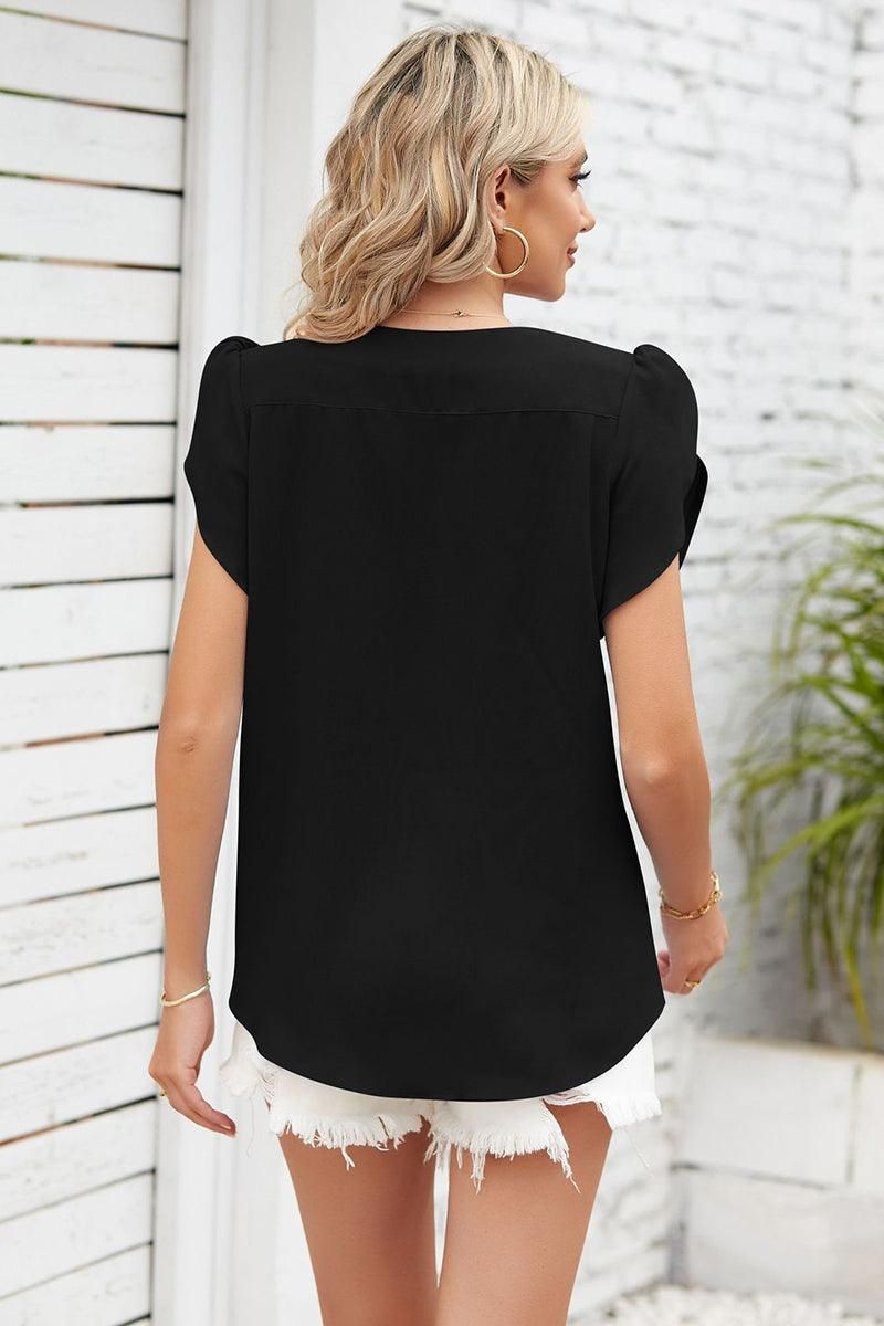 SHORT PETAL SLEEVE WOMEN BASIC BLOUSE - Doublju