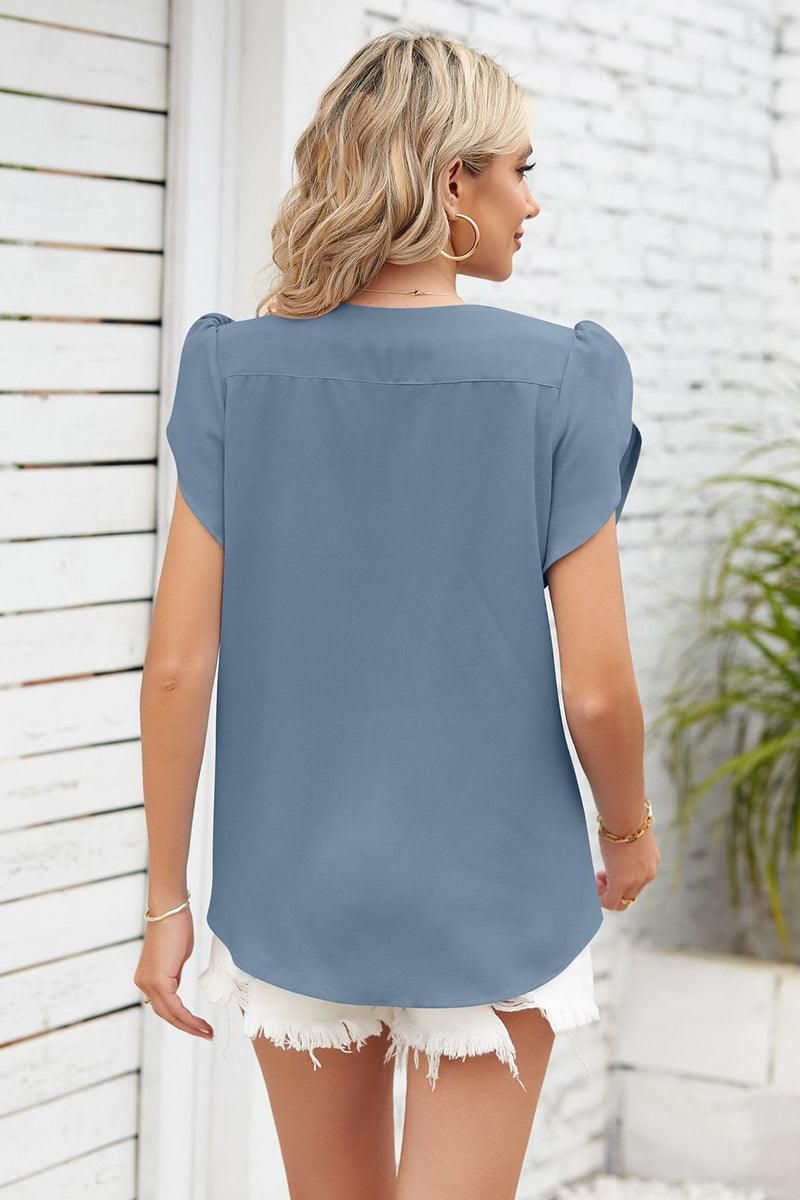 SHORT PETAL SLEEVE WOMEN BASIC BLOUSE - Doublju