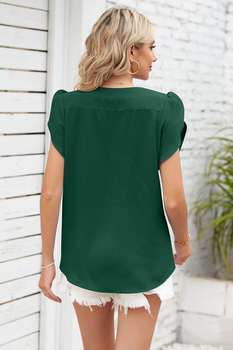 SHORT PETAL SLEEVE WOMEN BASIC BLOUSE - Doublju