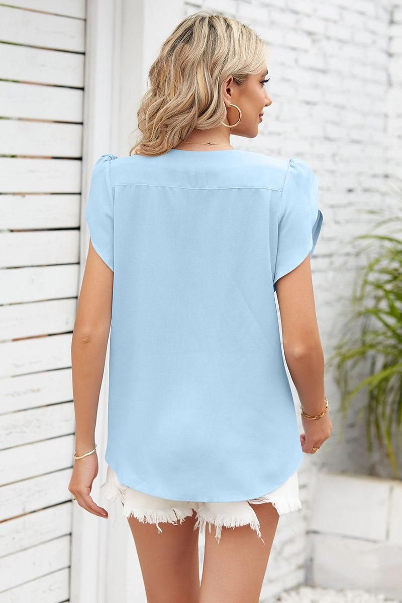 SHORT PETAL SLEEVE WOMEN BASIC BLOUSE - Doublju
