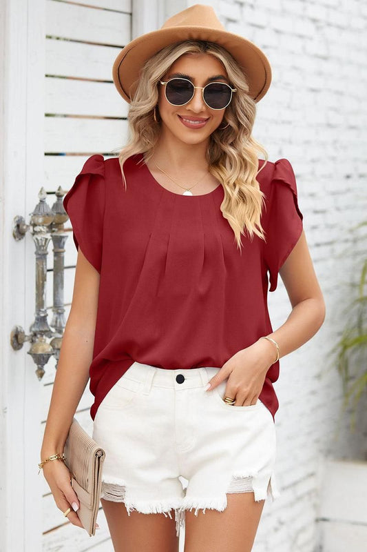 SHORT PETAL SLEEVE WOMEN BASIC BLOUSE - Doublju