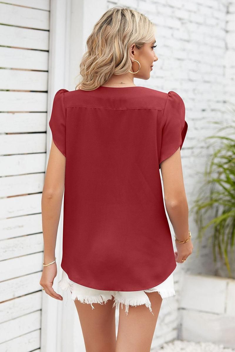 SHORT PETAL SLEEVE WOMEN BASIC BLOUSE - Doublju