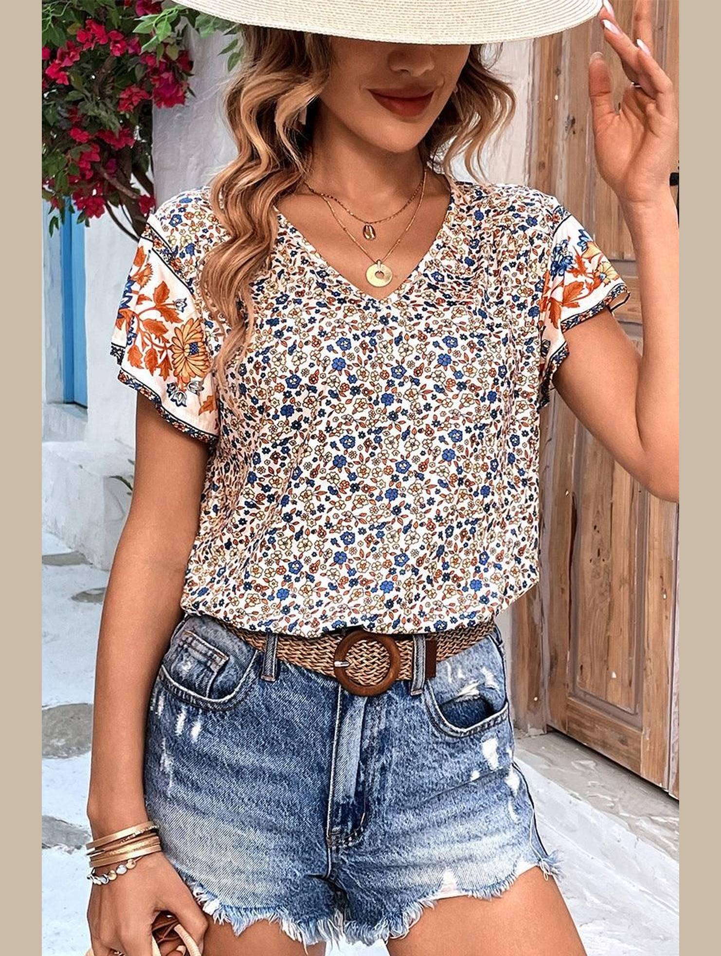 WOMEN FLORAL PRINTING CASUAL T SHIRT - Doublju