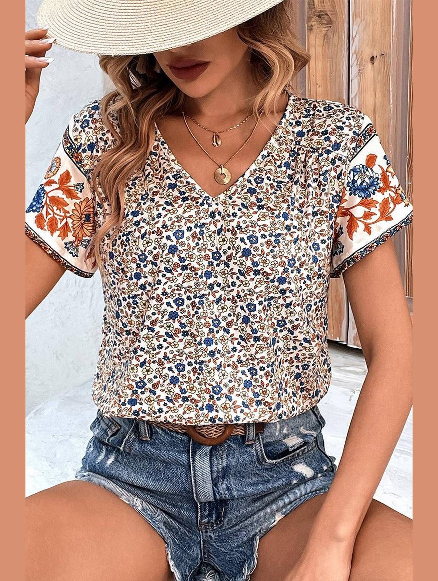 WOMEN FLORAL PRINTING CASUAL T SHIRT - Doublju