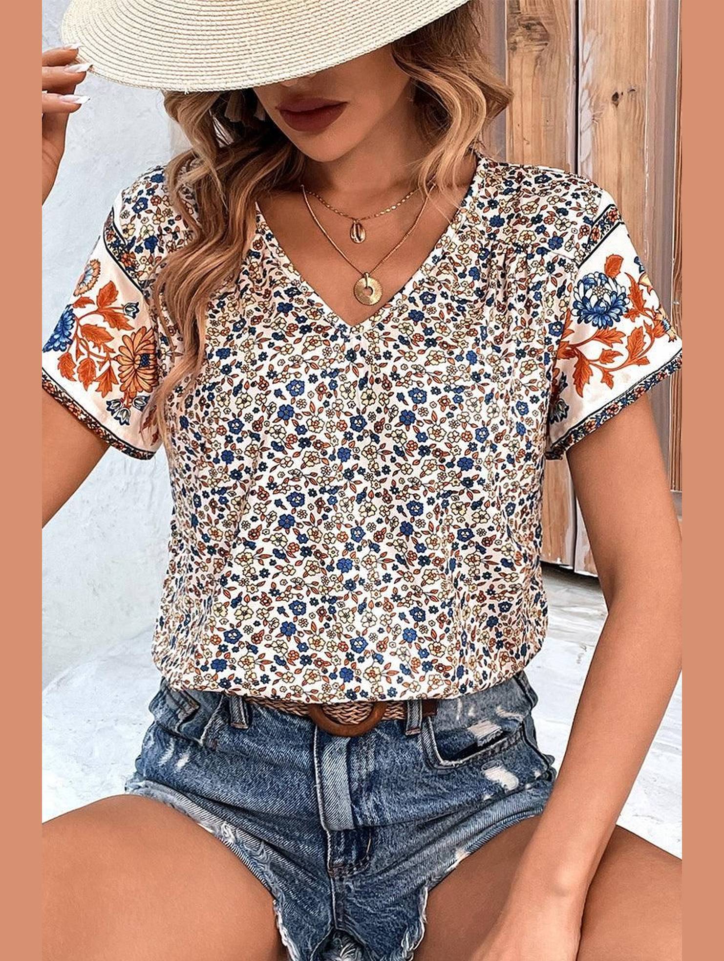 WOMEN FLORAL PRINTING CASUAL T SHIRT - Doublju