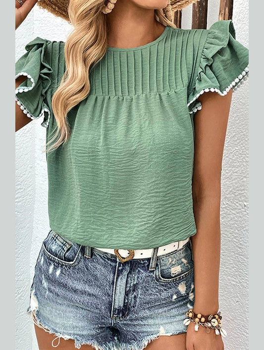 WOMEN SMOCKED RUFFLE PETAL SLEEVE TEE - Doublju