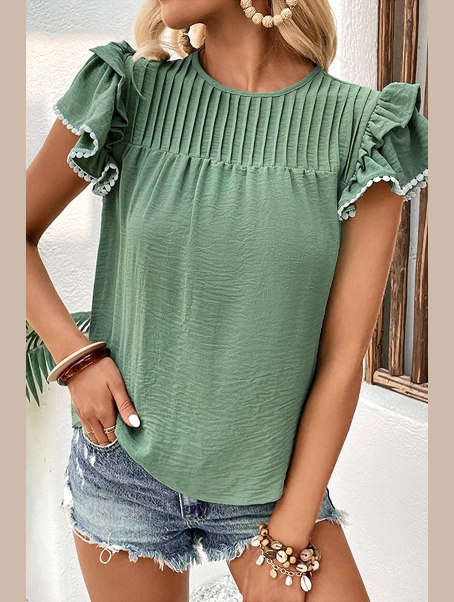 WOMEN SMOCKED RUFFLE PETAL SLEEVE TEE - Doublju