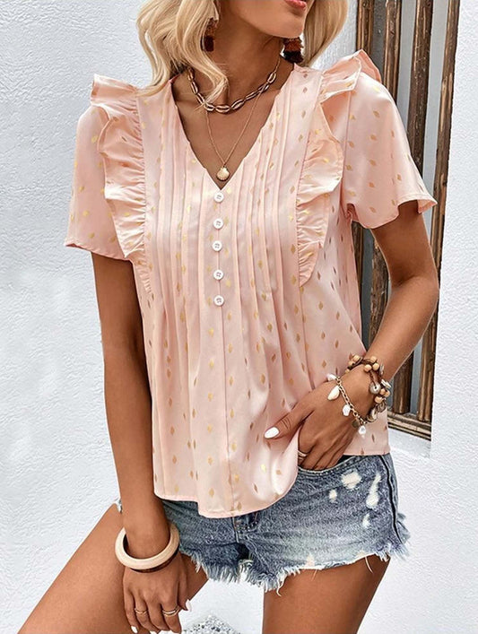 WOMEN BUTTONED V NECK RUFFLE SHORT SUMMER T SHIRT - Doublju