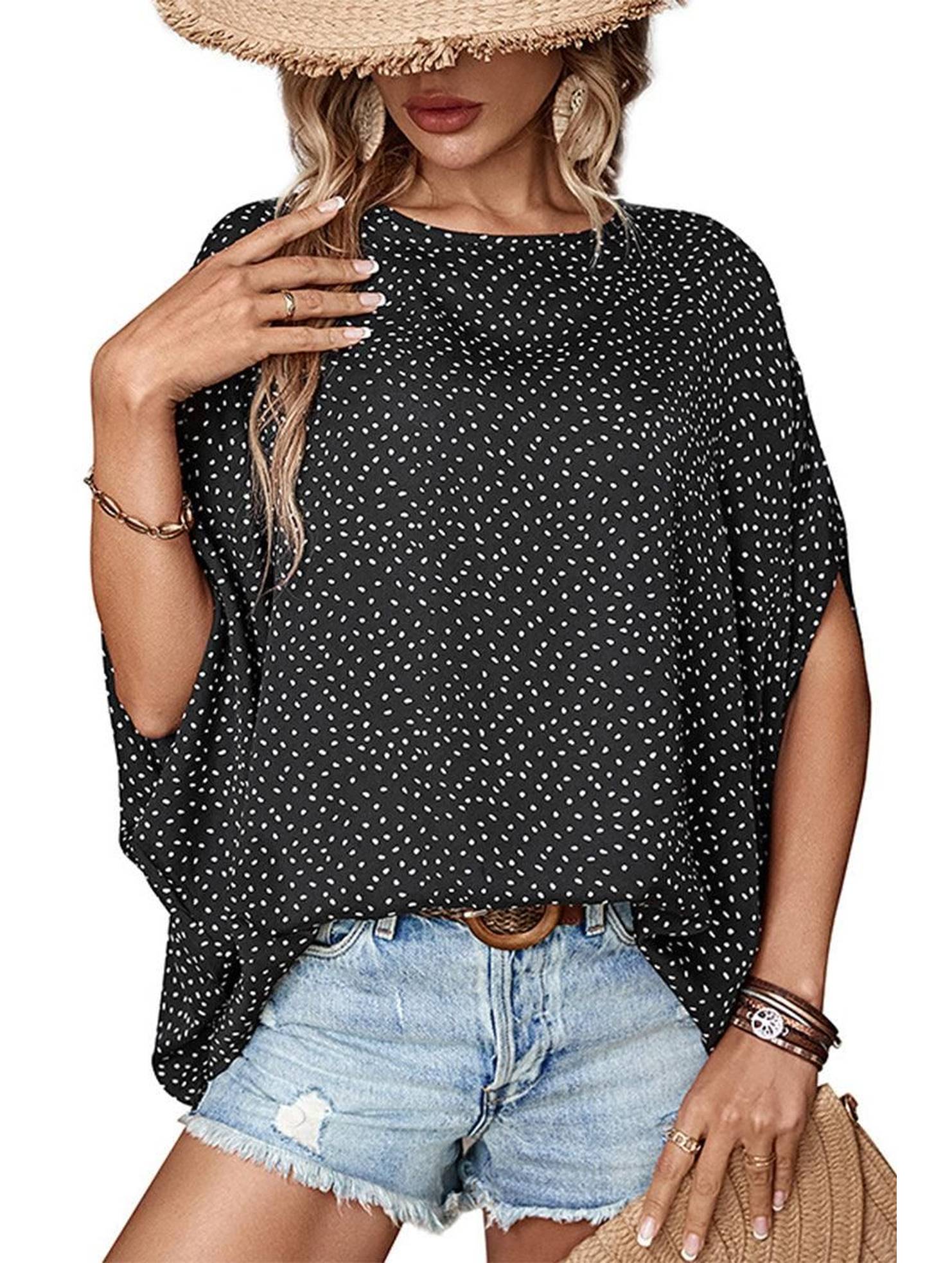 DOLMAN SLEEVE POLKA DOT CHIFFON BLOUSE - Doublju