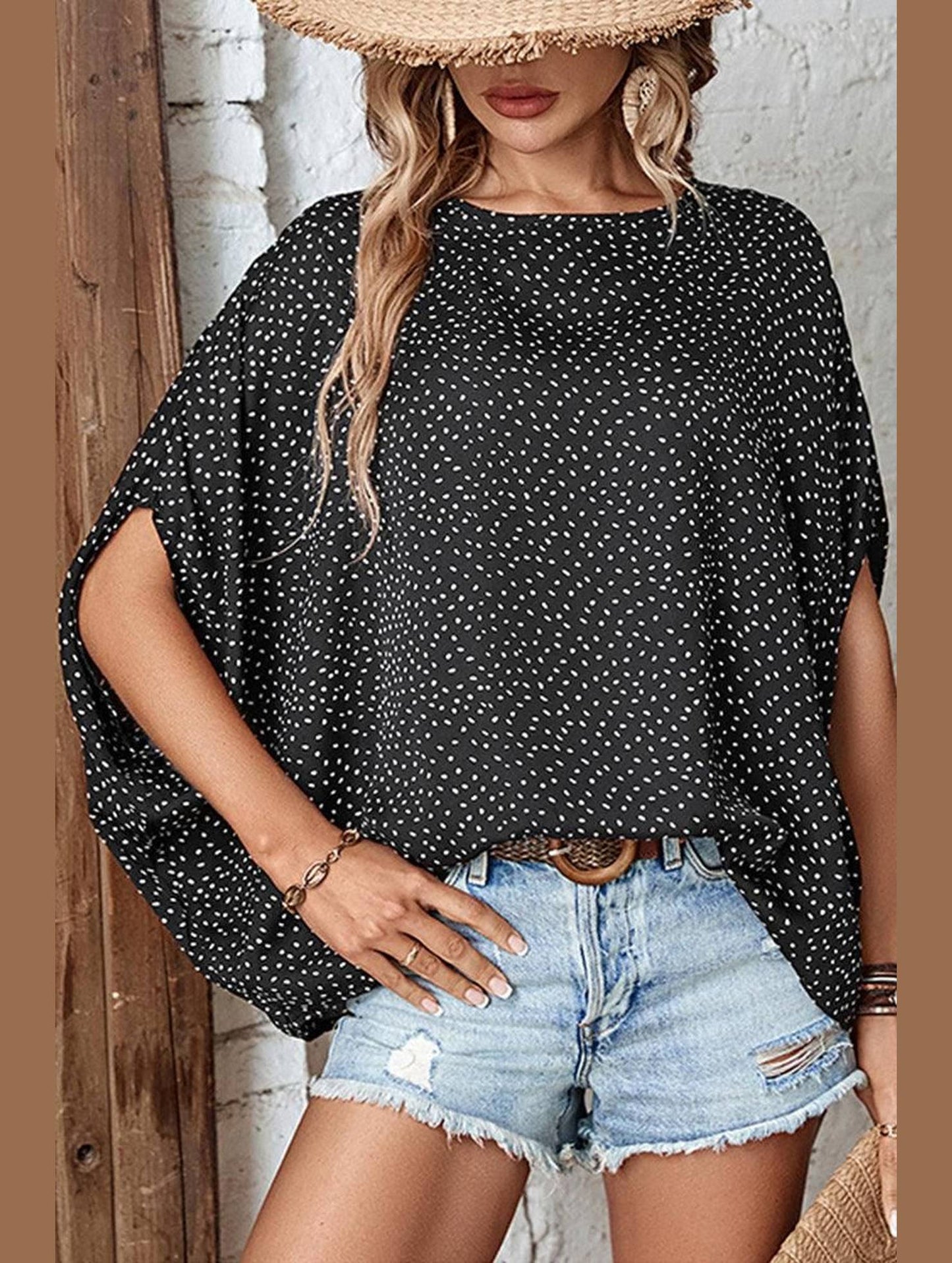 DOLMAN SLEEVE POLKA DOT CHIFFON BLOUSE - Doublju