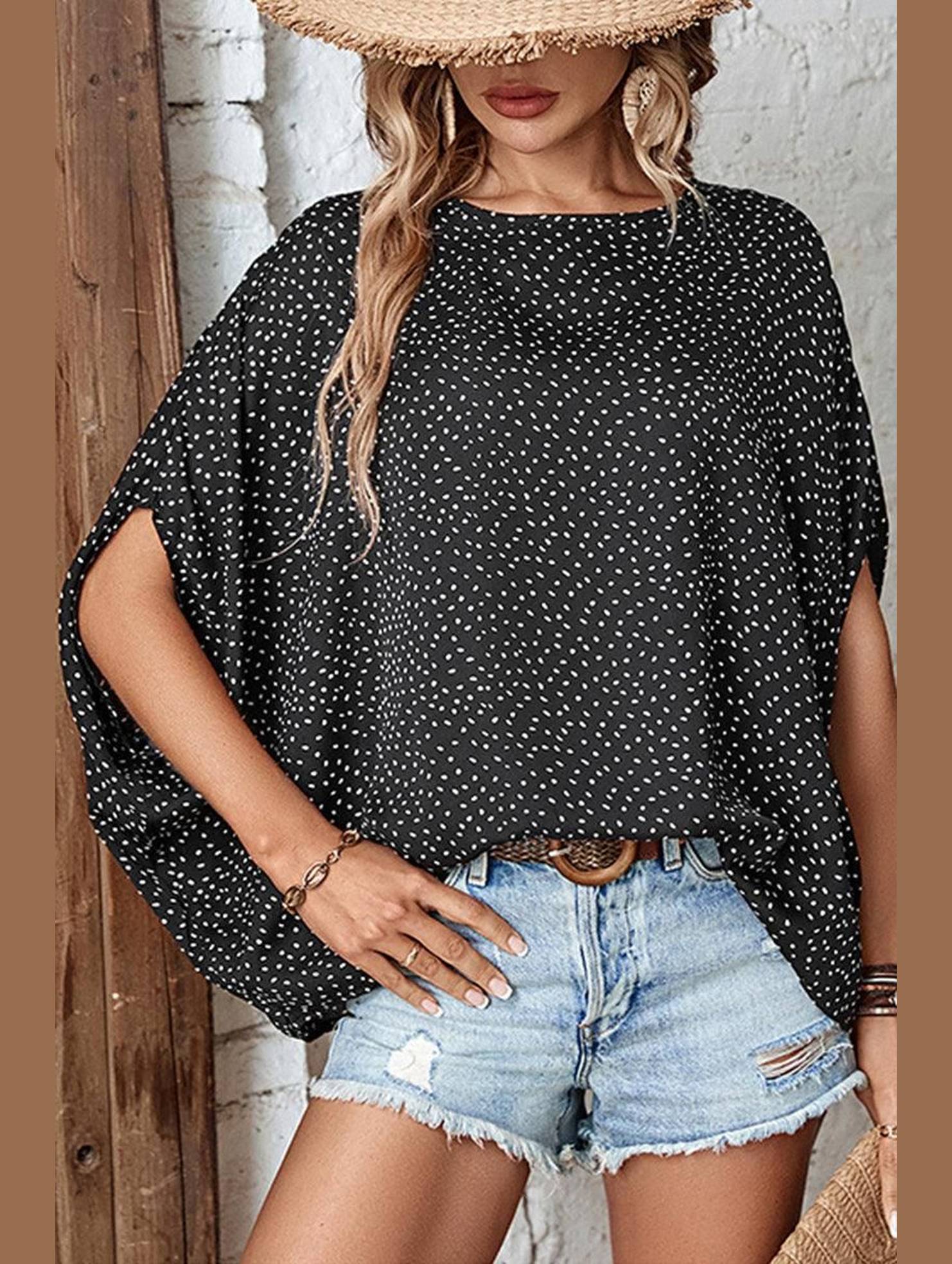 DOLMAN SLEEVE POLKA DOT CHIFFON BLOUSE - Doublju