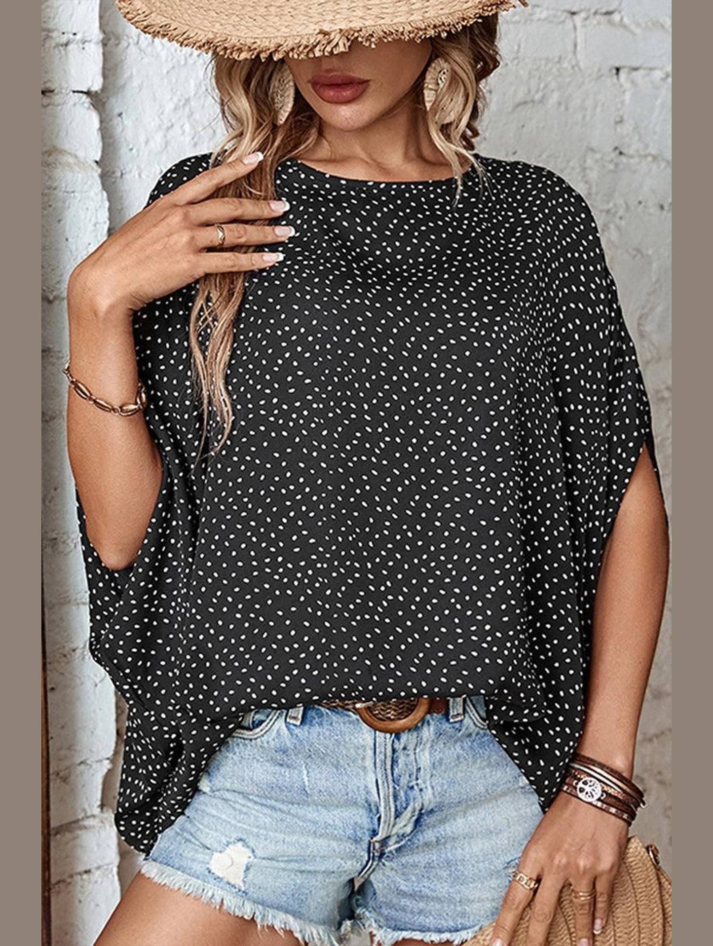DOLMAN SLEEVE POLKA DOT CHIFFON BLOUSE - Doublju