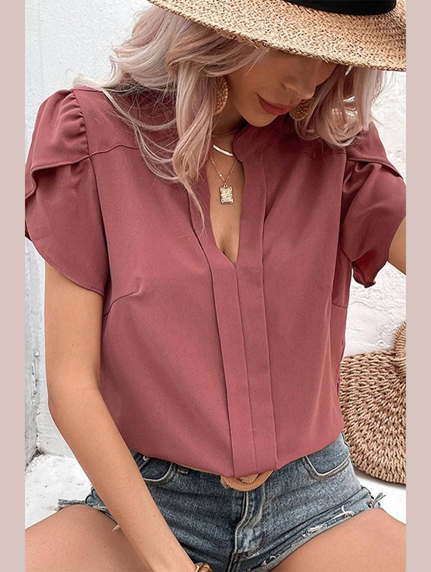 WOMEN V NECK PETAL TULIP SLEEVE T SHIRT - Doublju