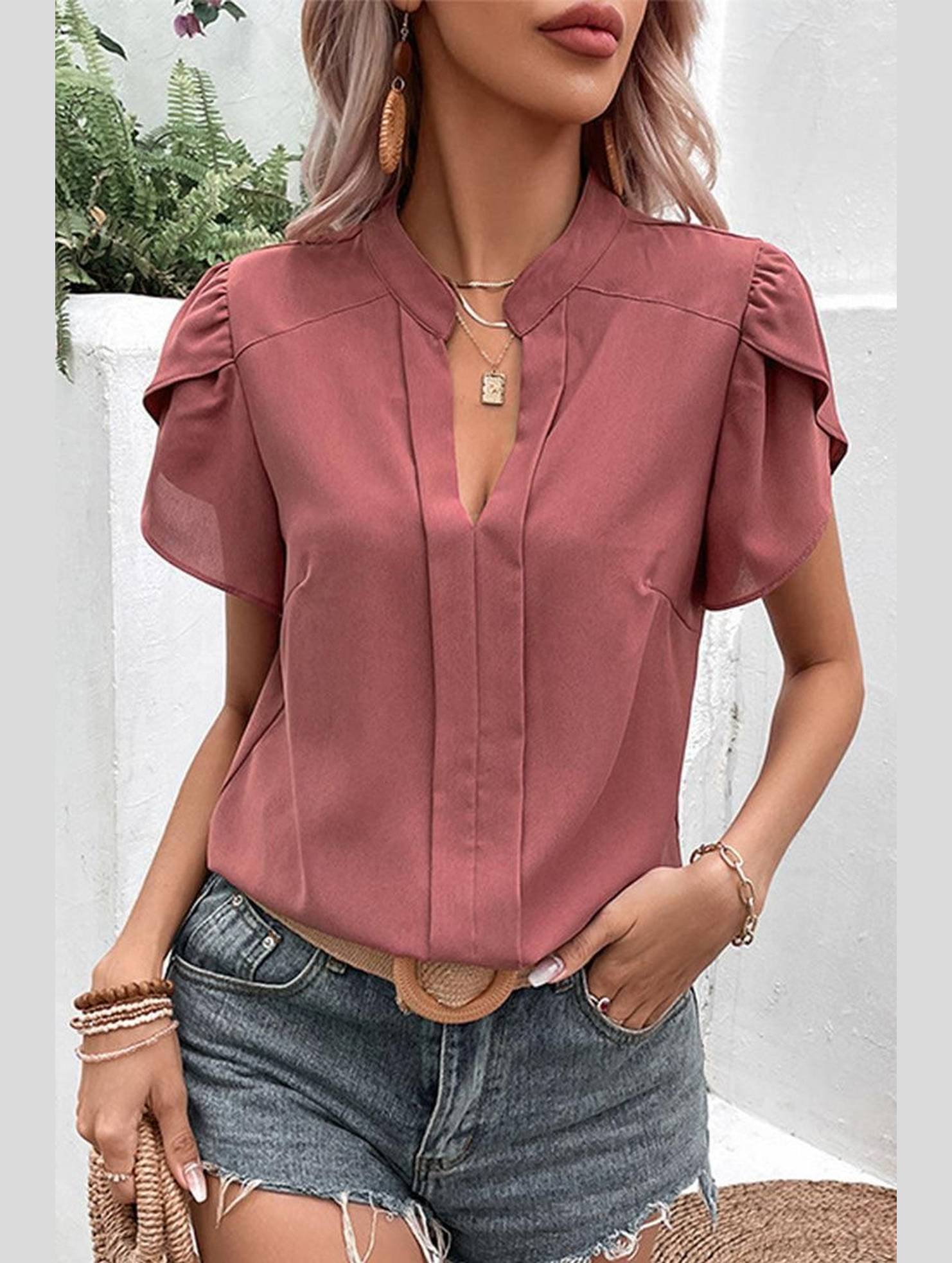 WOMEN V NECK PETAL TULIP SLEEVE T SHIRT - Doublju