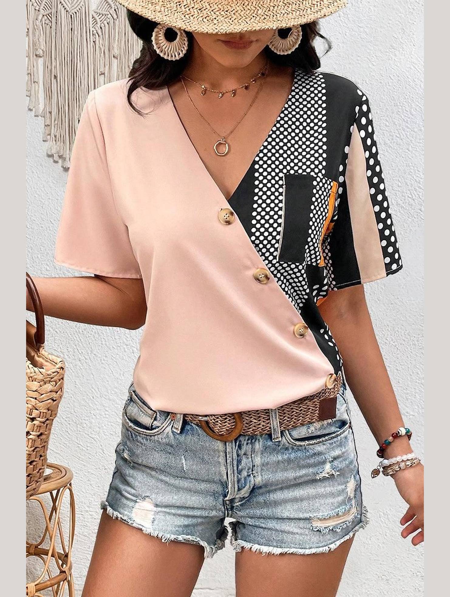 WOMEN CROSS WRAP BUTTON DECKED PATTERN BLOCK TEE - Doublju