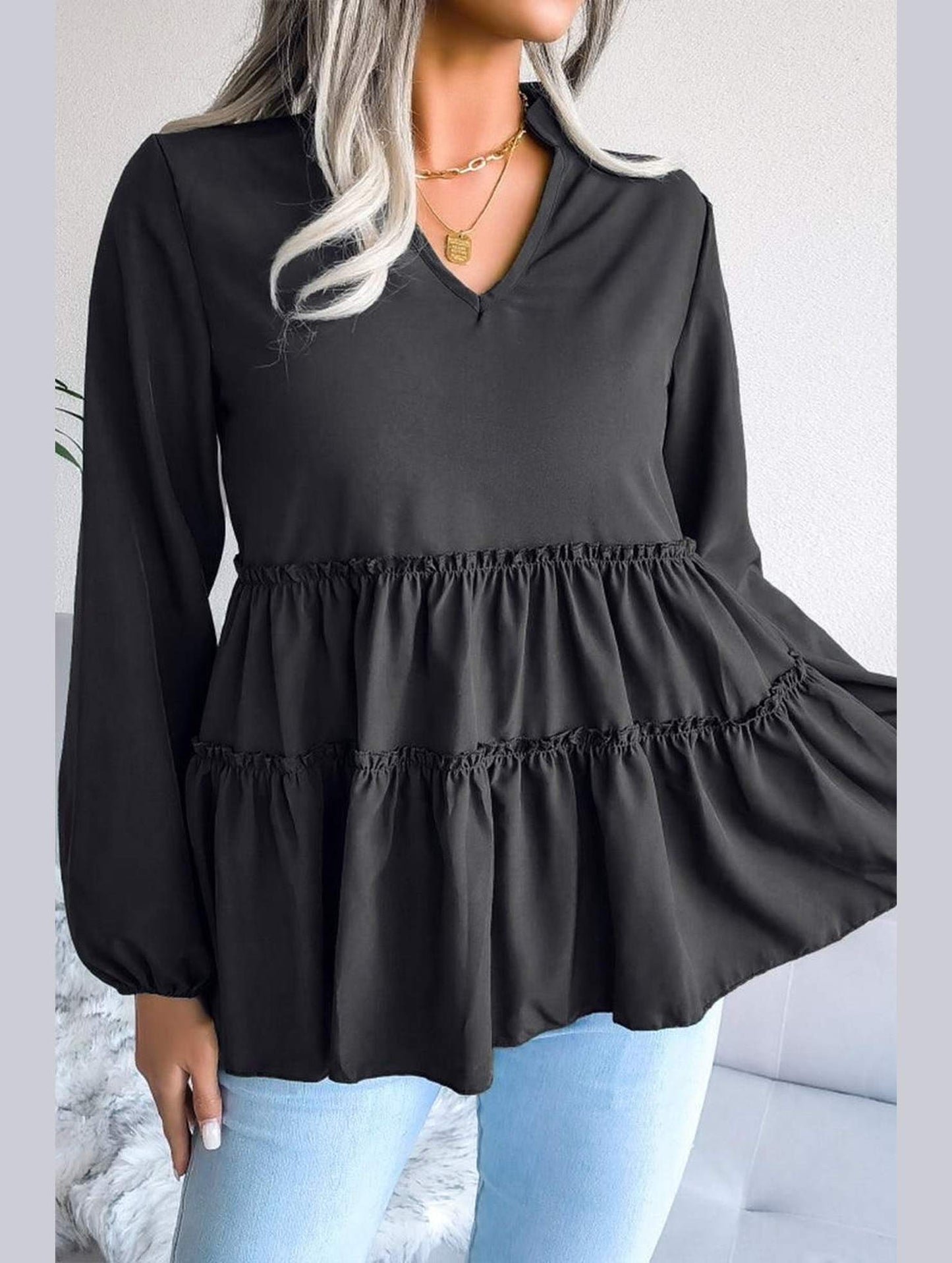 LANTERN LONG SLEEVE RUFFLED CHIFFON TUNIC TOP - Doublju