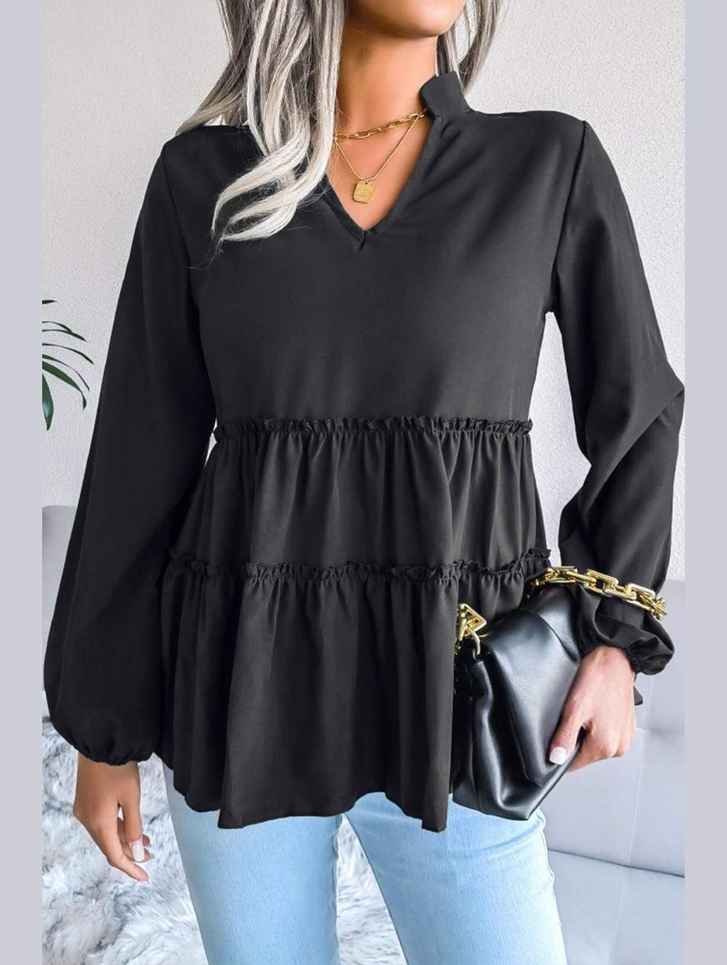 LANTERN LONG SLEEVE RUFFLED CHIFFON TUNIC TOP - Doublju