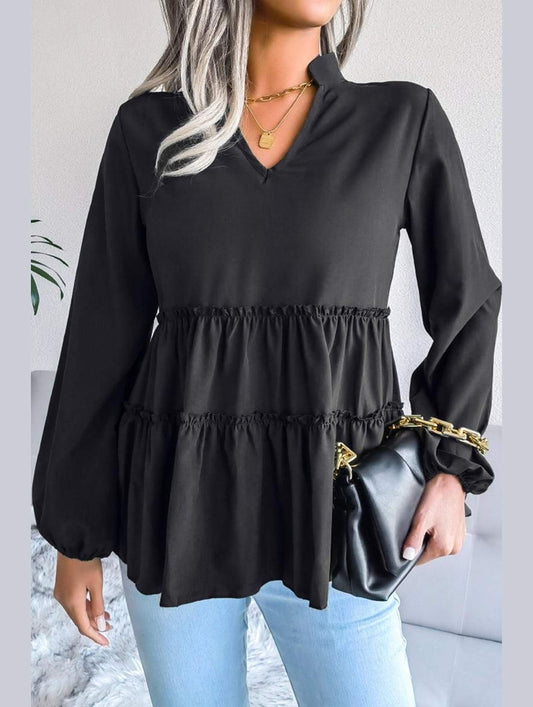 LANTERN LONG SLEEVE RUFFLED CHIFFON TUNIC TOP - Doublju
