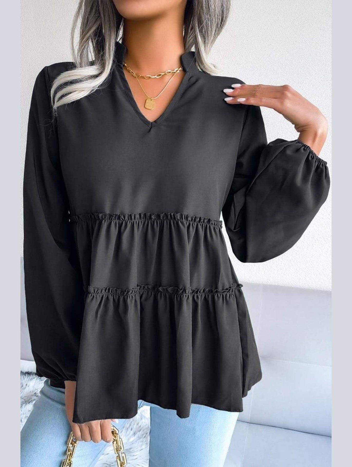 LANTERN LONG SLEEVE RUFFLED CHIFFON TUNIC TOP - Doublju