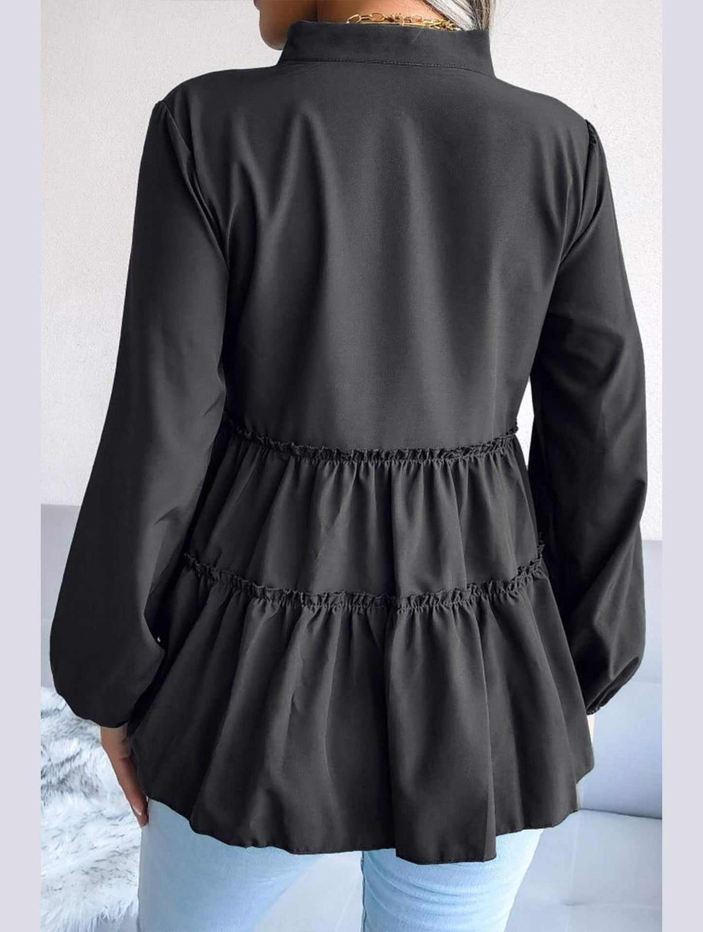 LANTERN LONG SLEEVE RUFFLED CHIFFON TUNIC TOP - Doublju