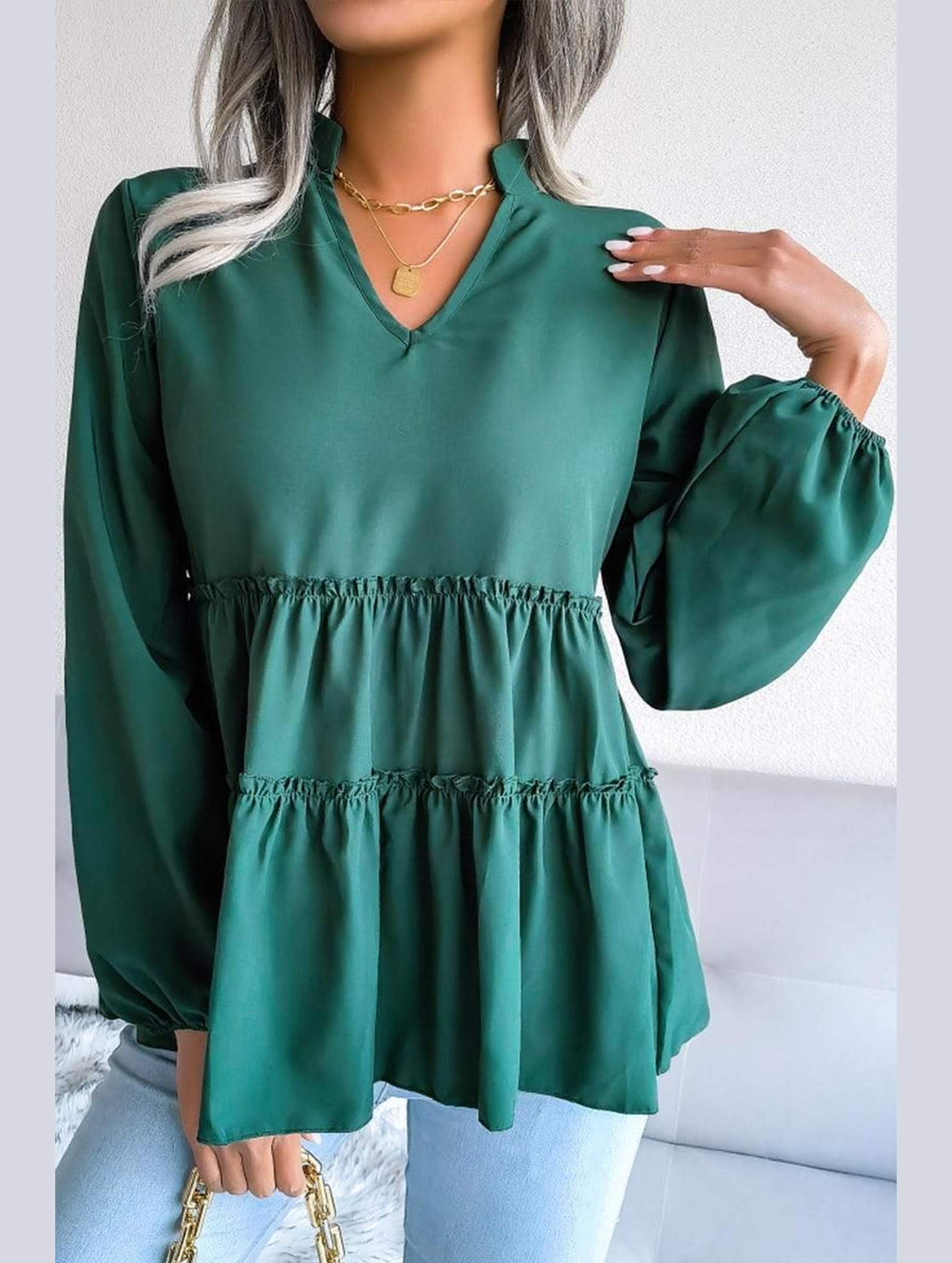 LANTERN LONG SLEEVE RUFFLED CHIFFON TUNIC TOP - Doublju