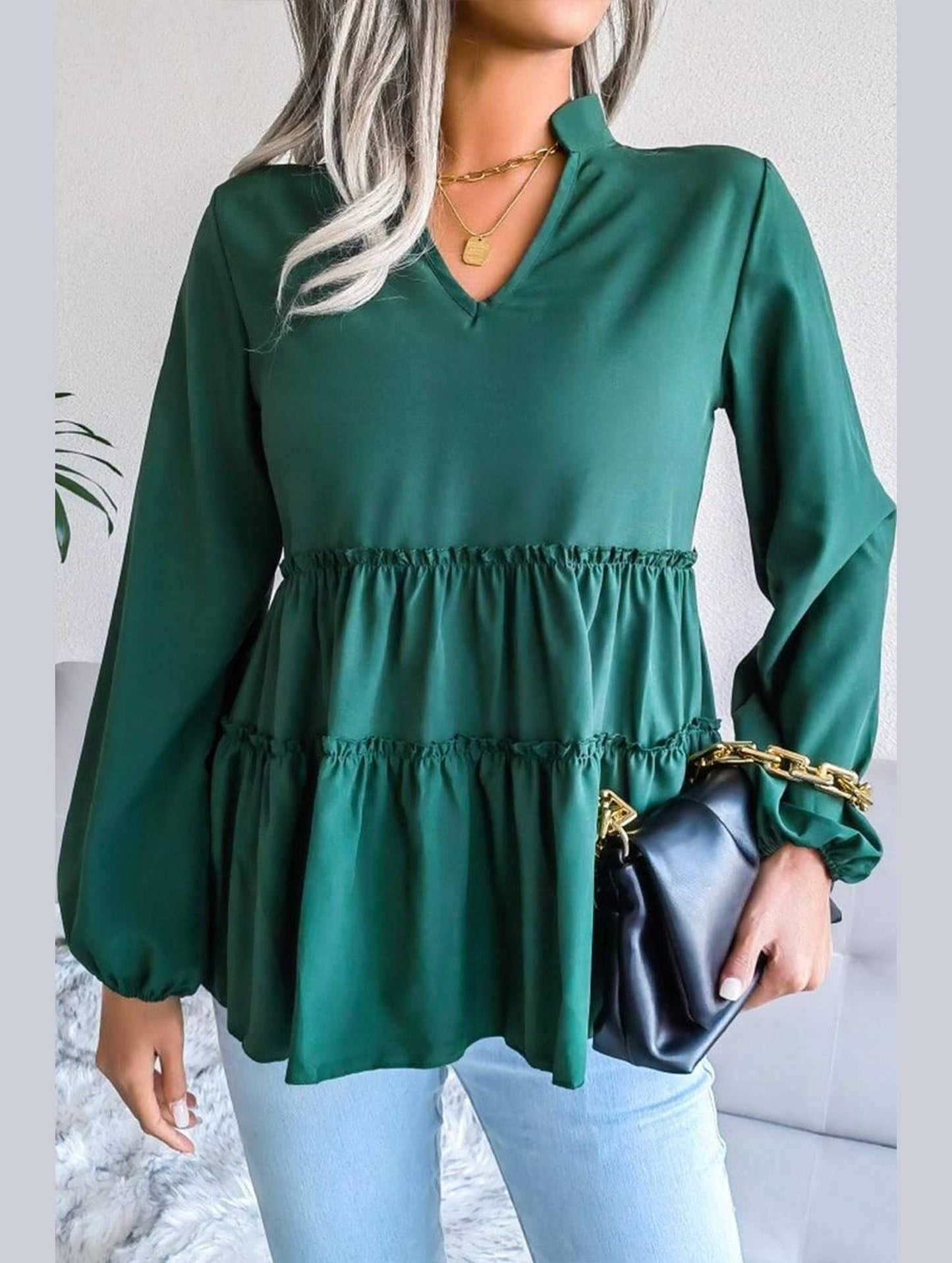 LANTERN LONG SLEEVE RUFFLED CHIFFON TUNIC TOP - Doublju
