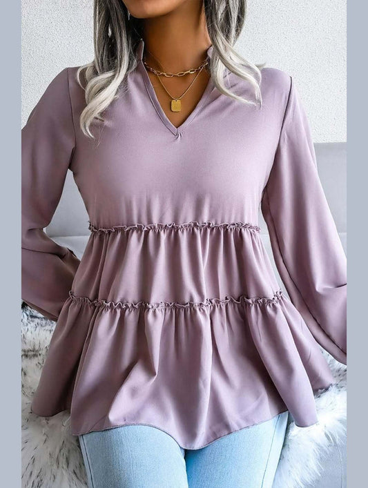 LANTERN LONG SLEEVE RUFFLED CHIFFON TUNIC TOP - Doublju