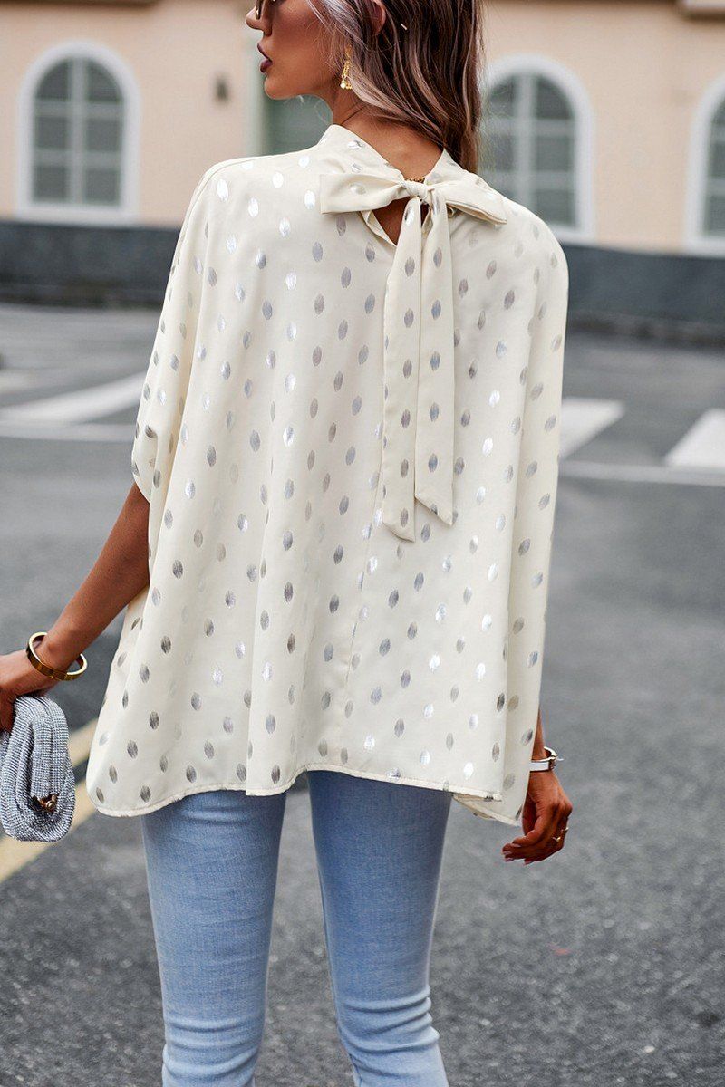 WOMEN SILVER POLKA DOT OVERSIZED HIGH NECK BLOUSE