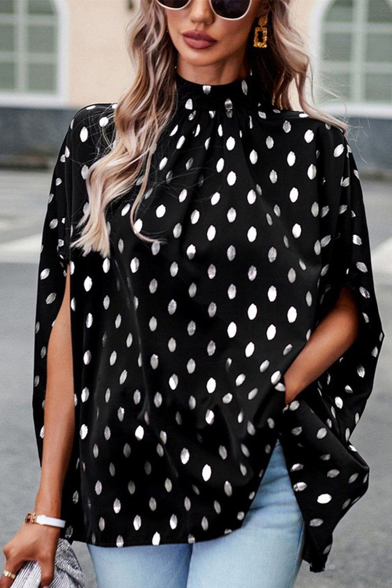 WOMEN SILVER POLKA DOT OVERSIZED HIGH NECK BLOUSE