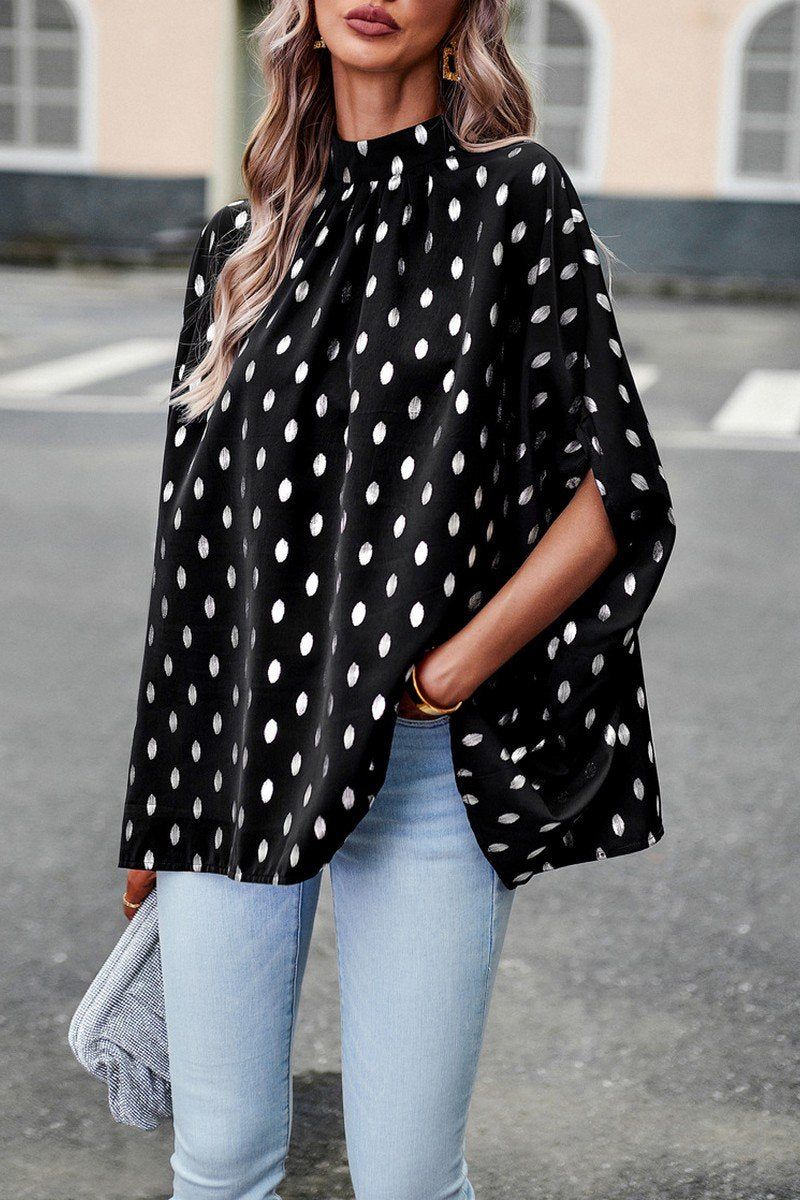 WOMEN SILVER POLKA DOT OVERSIZED HIGH NECK BLOUSE