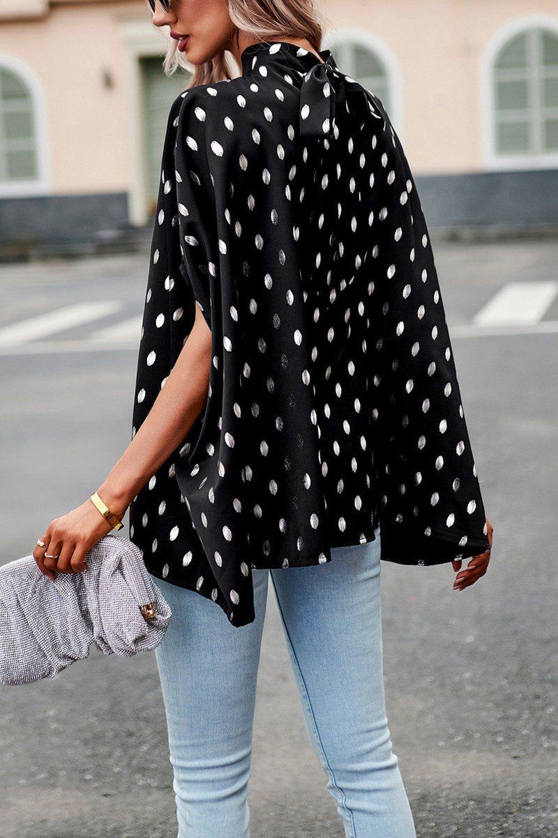 WOMEN SILVER POLKA DOT OVERSIZED HIGH NECK BLOUSE