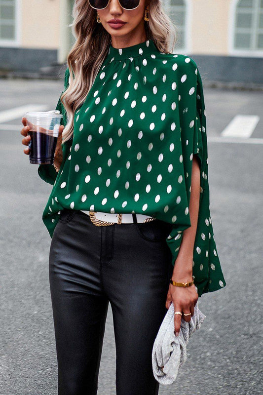 WOMEN SILVER POLKA DOT OVERSIZED HIGH NECK BLOUSE