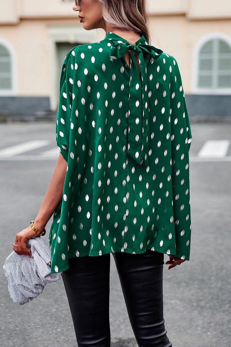 WOMEN SILVER POLKA DOT OVERSIZED HIGH NECK BLOUSE