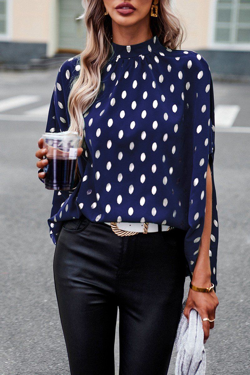 WOMEN SILVER POLKA DOT OVERSIZED HIGH NECK BLOUSE