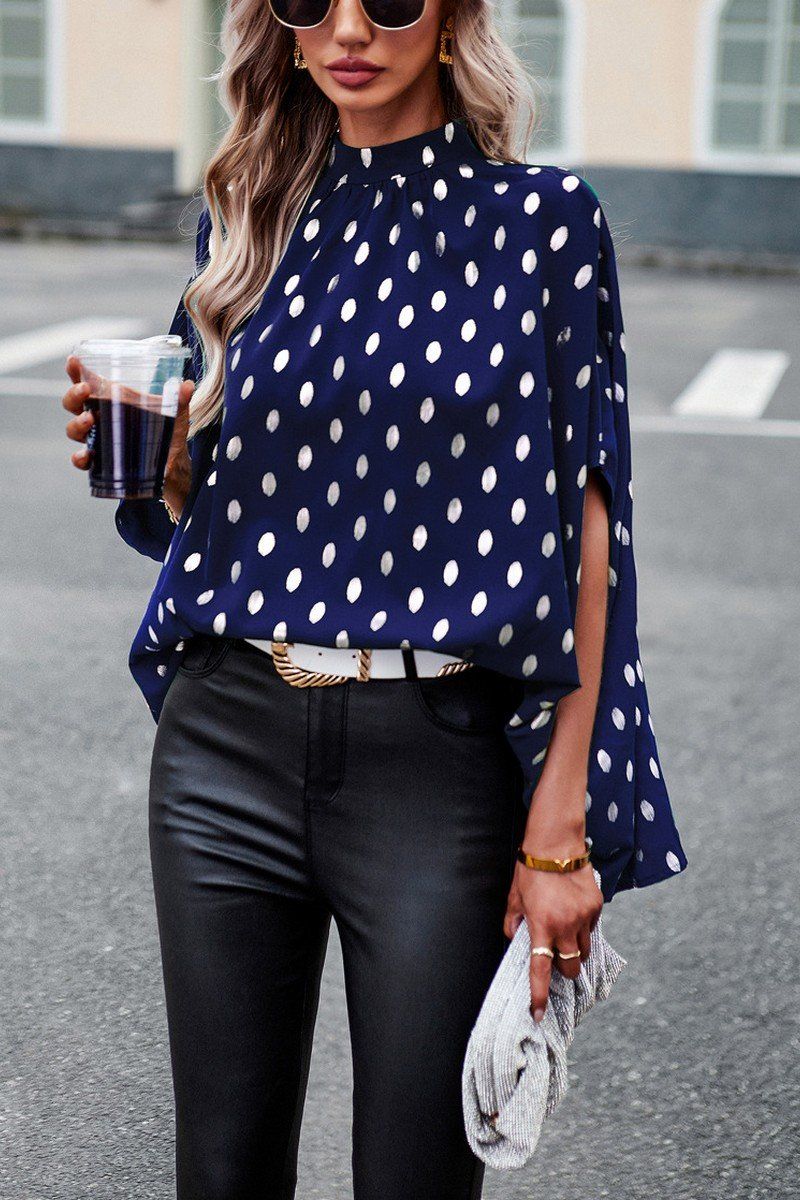 WOMEN SILVER POLKA DOT OVERSIZED HIGH NECK BLOUSE