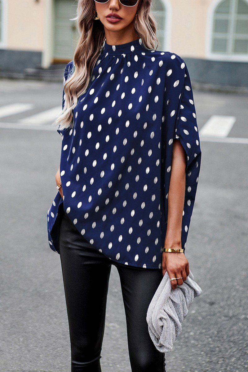 WOMEN SILVER POLKA DOT OVERSIZED HIGH NECK BLOUSE