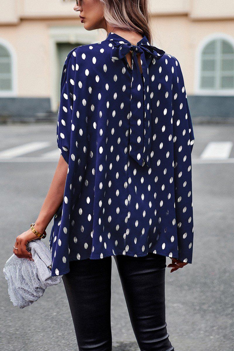 WOMEN SILVER POLKA DOT OVERSIZED HIGH NECK BLOUSE