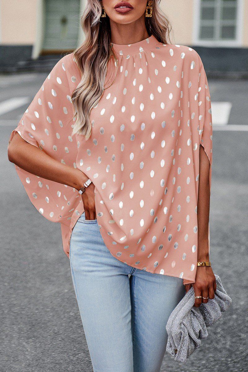 WOMEN SILVER POLKA DOT OVERSIZED HIGH NECK BLOUSE