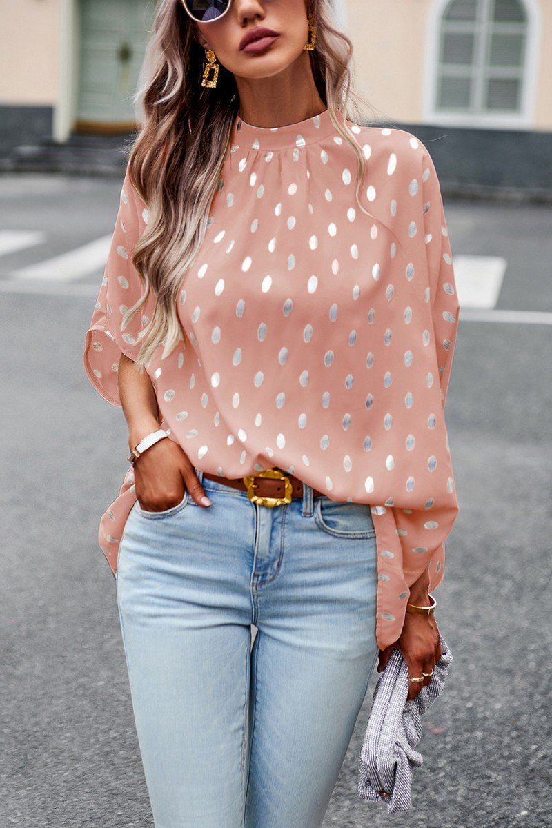 WOMEN SILVER POLKA DOT OVERSIZED HIGH NECK BLOUSE
