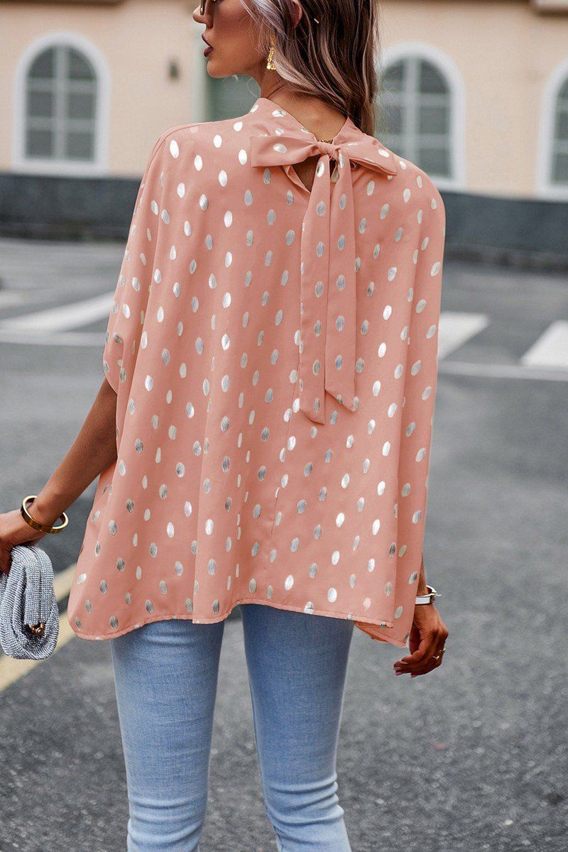 WOMEN SILVER POLKA DOT OVERSIZED HIGH NECK BLOUSE