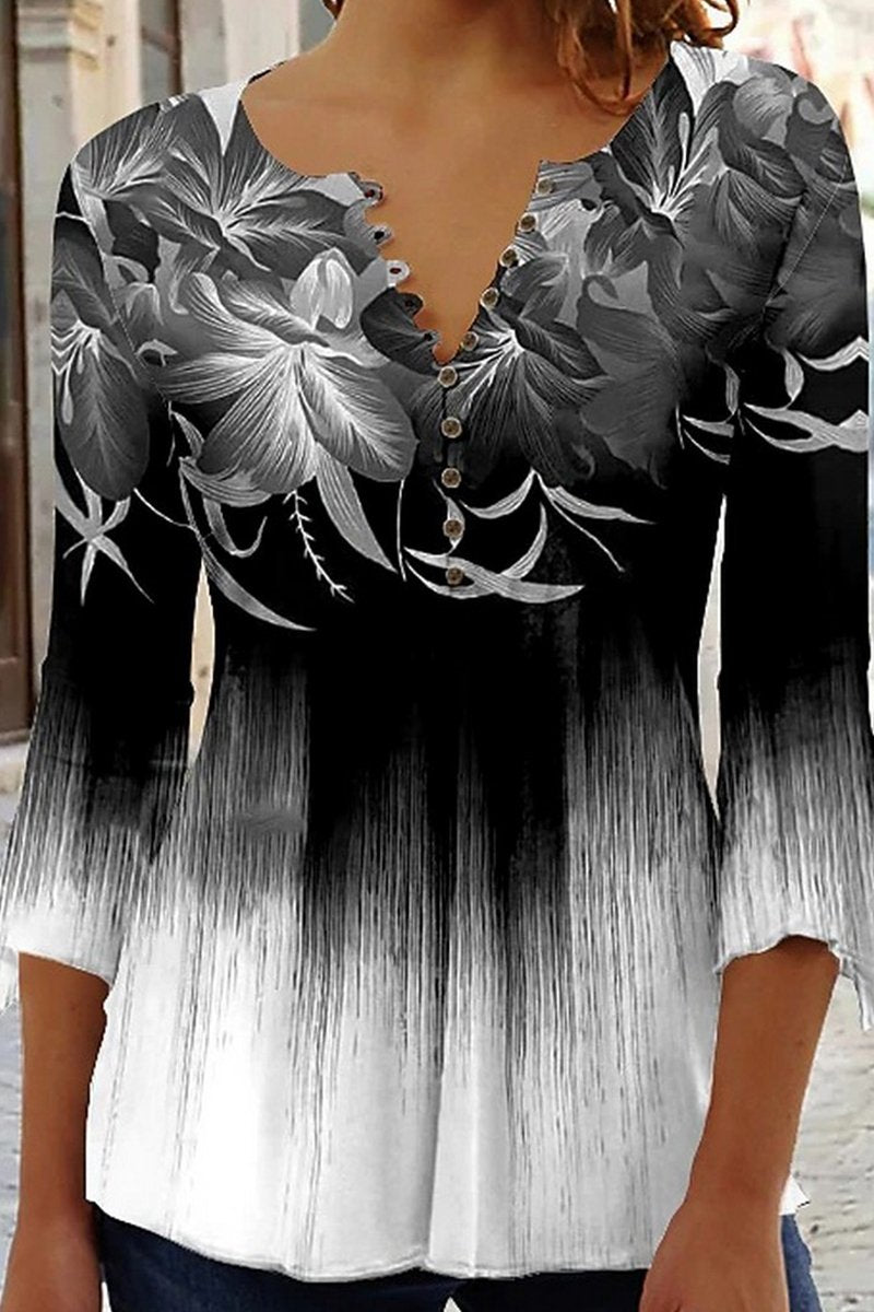 WOMEN ELEGANT 3D FLORAL PRINTING 3/4 SLEEVE TOP
