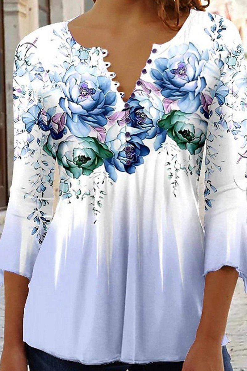 WOMEN HENLEY V NECK FLORAL PRINT 3/4 SLEEVE TEE